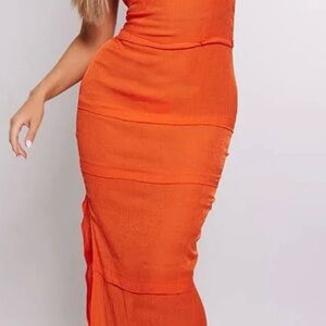 Orange metallic textured cross back midaxi dress